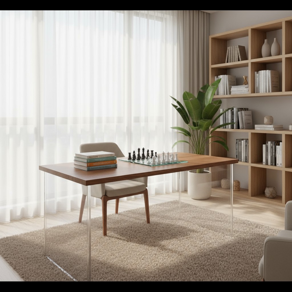 A modern living room with a wooden desk and transparent legs, accompanied by a chessboard and books.